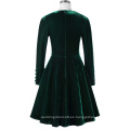 Belle Poque Retro Vintage invierno de manga larga cuello del equipo de color verde oscuro vestido de terciopelo Swing BP000358-1